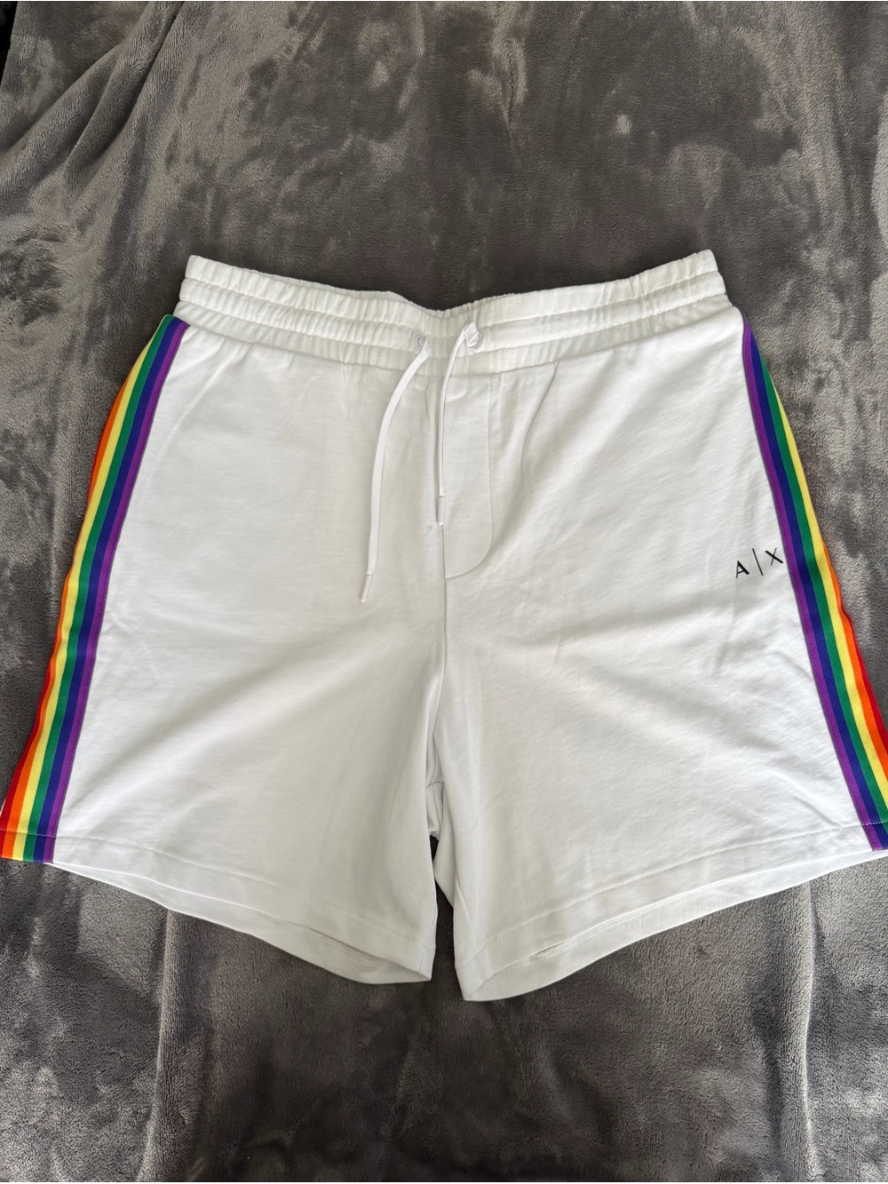 Armani Exchange White Men’s Athletic Shorts with Rainbow Side Stripes